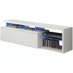 Usinestreet Meuble TV ETHAN à éclairage LED 1 Porte Et 4 Niches L150cm - Blanc -Vente-unique shop meuble tv 93455 vue2
