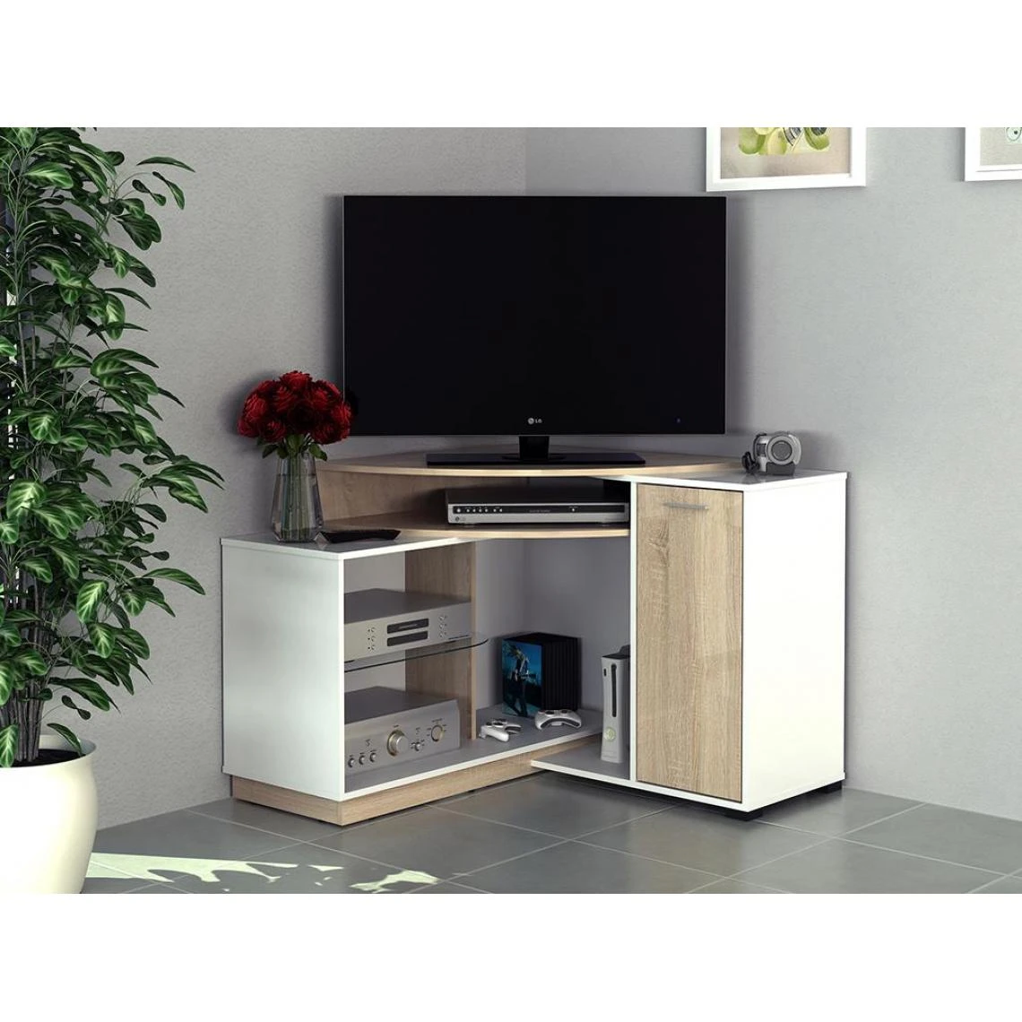 Vente-unique Meuble TV D'angle Avec Rangements - Coloris : Blanc Et Chêne - AMAEL 3 Vente-unique Meuble TV D'angle Avec Rangements - Coloris : Blanc Et Chêne - AMAEL