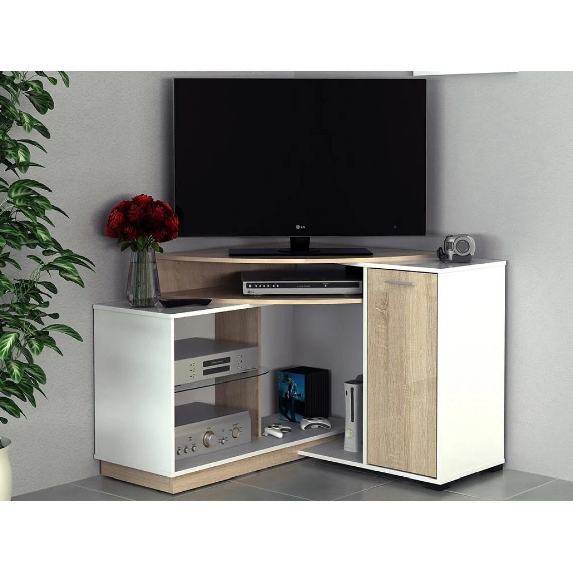 Vente-unique Meuble TV D'angle Avec Rangements - Coloris : Blanc Et Chêne - AMAEL 4 Vente-unique Meuble TV D'angle Avec Rangements - Coloris : Blanc Et Chêne - AMAEL – Image 2