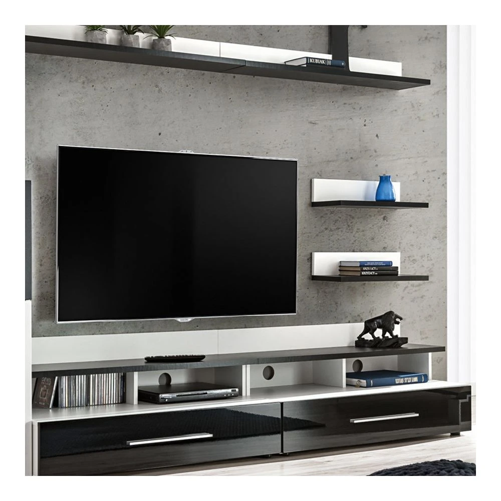 NOUVOMEUBLE Meuble TV Avec Rangement Et Cheminée Noir Laqué MARTANO 5 NOUVOMEUBLE Meuble TV Avec Rangement Et Cheminée Noir Laqué MARTANO – Image 3