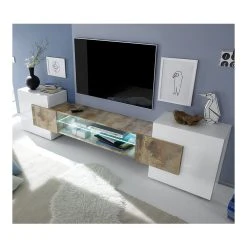 HAPPYMOBILI Meuble TV Moderne Blanc Laqué Brillant Et Couleur Bois ARGOS 2