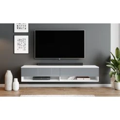 Furnix Meuble Tv Debout / Suspendu ALYX 180 X 32 X 34 Cm Style Industriel Bla... -Vente-unique shop meuble tv debout suspendu alyx 180 x 32 x 34 cm style industriel blanc mat gris brillant avec led 13138684 35711626 1140x1140