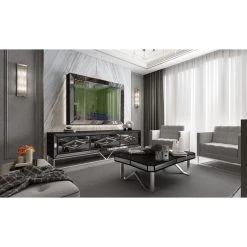 Vivenla Meuble Tv Design 3 Tiroirs En Miroir Fumé Avec Piètement En Acier Ch... -Vente-unique shop meuble tv design 3 tiroirs en miroir fume avec pietement en acier chrome argente l 208 x p 48 x h 66 cm collection lexus 13076358 35518432 1140x1140