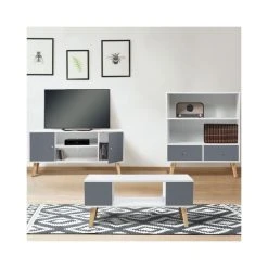 Idmarket Meuble TV EFFIE Scandinave 2 Portes Bois Blanc Et Gris -Vente-unique shop meuble tv effie bois blanc avec 2 portes grises scandinave 3