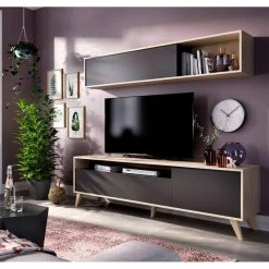 Pegane Meuble TV + étagère Murale Coloris Chêne Naturel / Graphite - Long... -Vente-unique shop meuble tv etagere murale coloris chene naturel graphite longueur 180 x hauteur 180 x profondeur 41 cm 11710100 30863086 1140x1140