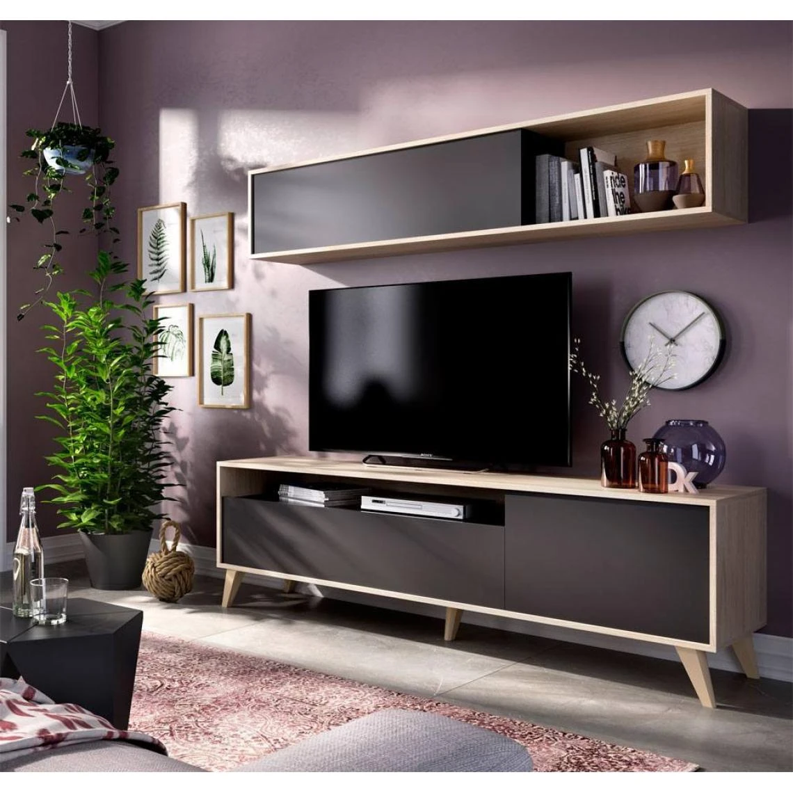 Pegane Meuble TV + étagère Murale Coloris Chêne Naturel / Graphite - Long... – Image 3