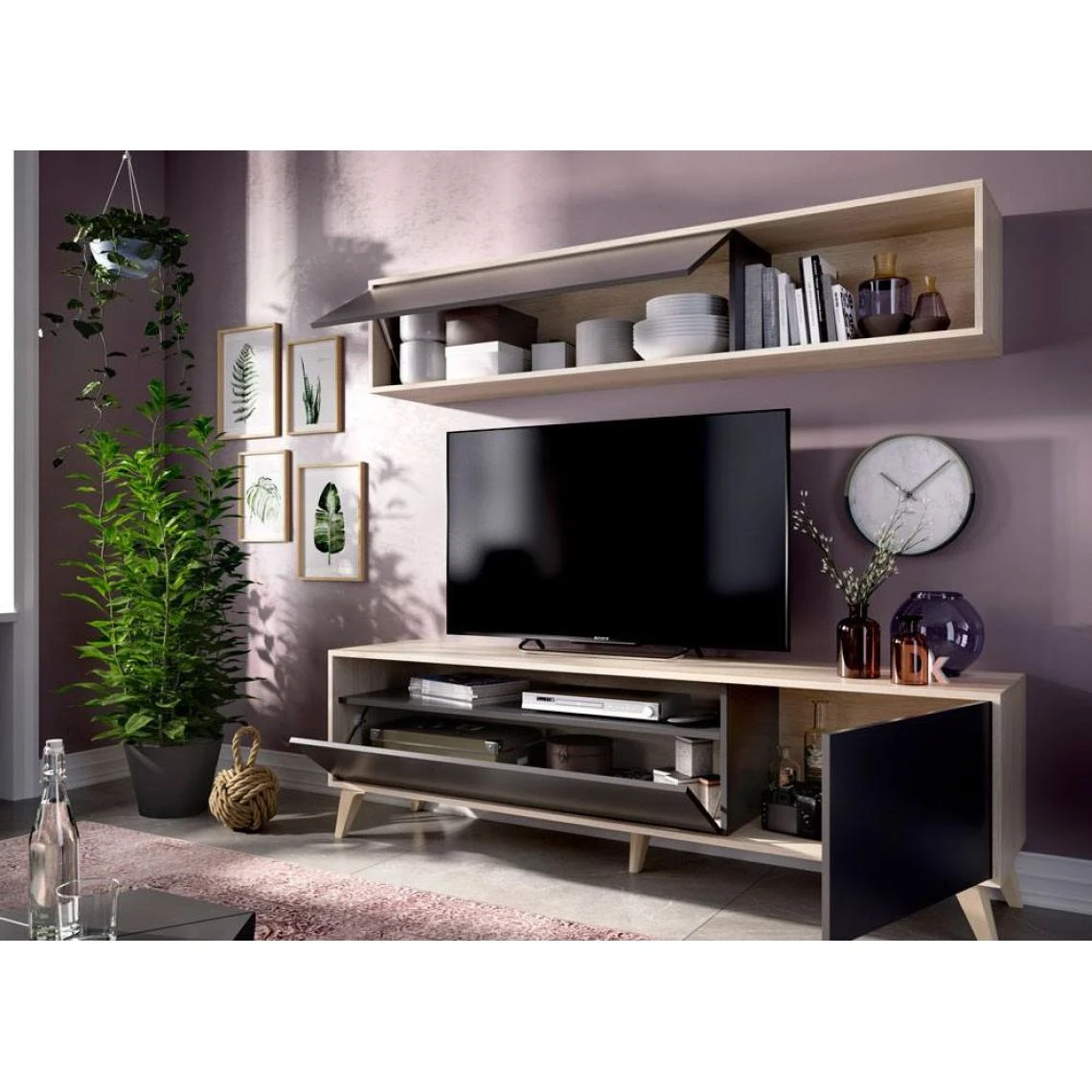 Pegane Meuble TV + étagère Murale Coloris Chêne Naturel / Graphite - Long... – Image 4