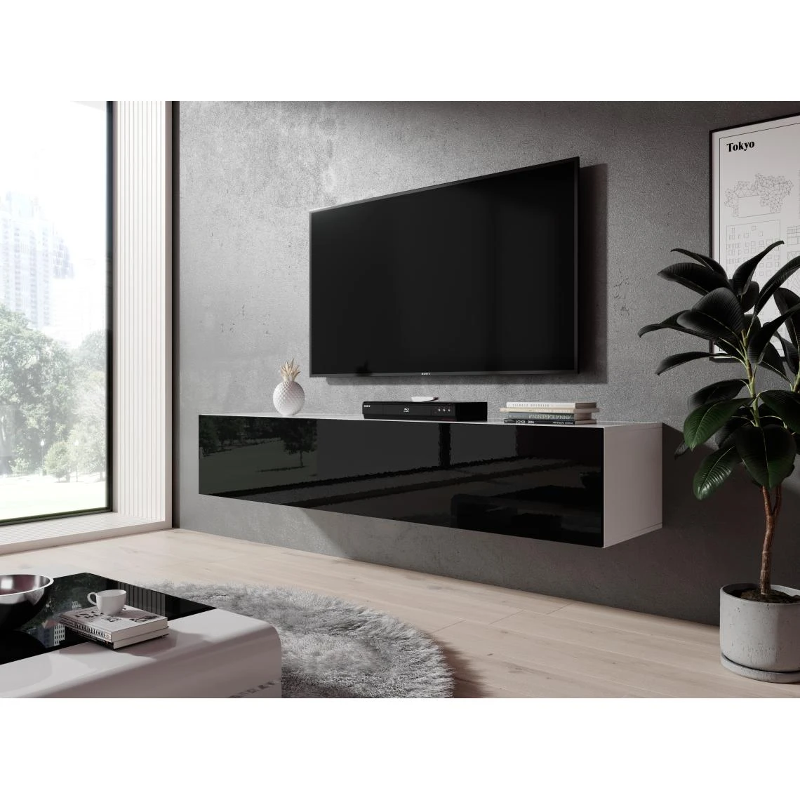 Furnix Meuble Tv / Meuble Suspendu ZIBO 160 Cm Blanc Mat / Noir Brillant Styl... 3 Furnix Meuble Tv / Meuble Suspendu ZIBO 160 Cm Blanc Mat / Noir Brillant Styl...