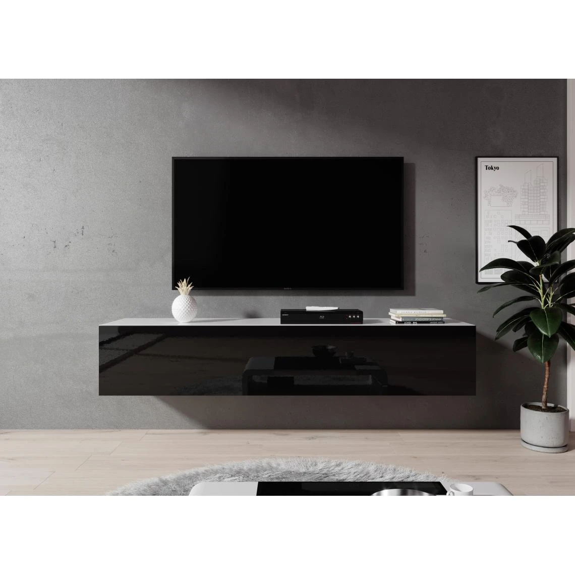 Furnix Meuble Tv / Meuble Suspendu ZIBO 160 Cm Blanc Mat / Noir Brillant Styl... 4 Furnix Meuble Tv / Meuble Suspendu ZIBO 160 Cm Blanc Mat / Noir Brillant Styl... – Image 2