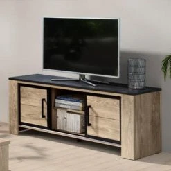 NOUVOMEUBLE Meuble TV Moderne Couleur Bois Et Noir OLIVIA