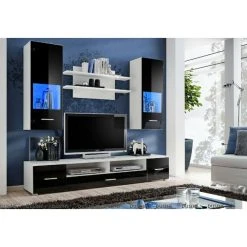 Dusine Meuble TV Mural Magnetic Noir Brillant Et Blanc Mat 200cm