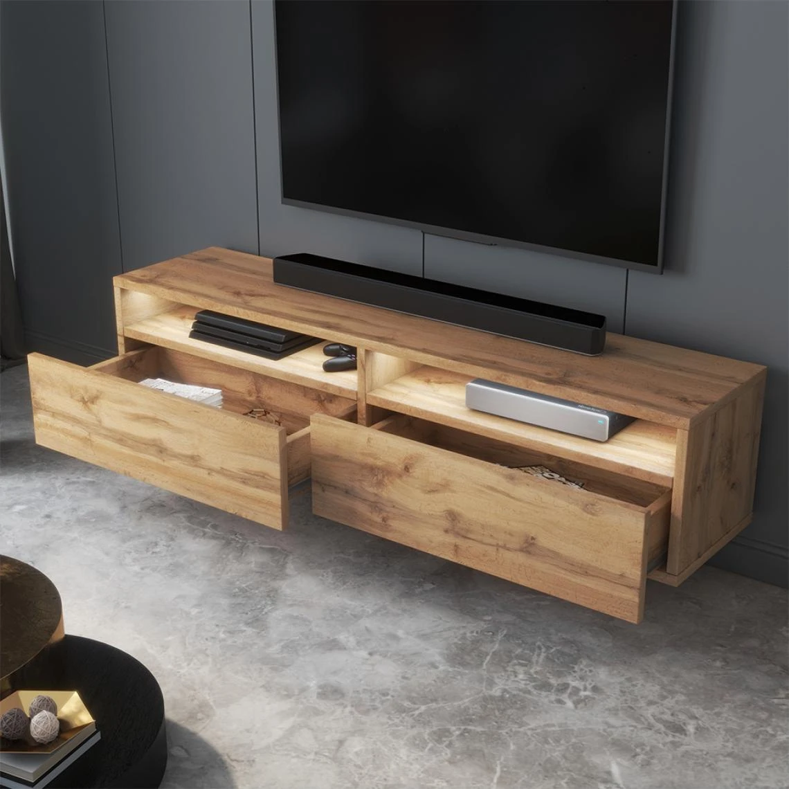 Selsey Meuble TV - REDNAW - 140 Cm - Chêne Wotan - Avec LED 5 Selsey Meuble TV - REDNAW - 140 Cm - Chêne Wotan - Avec LED – Image 3