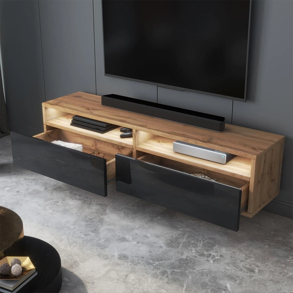 Selsey Meuble TV - REDNAW - 140 Cm - Chêne Wotan / Noir Brillant - Avec LED 5 Selsey Meuble TV - REDNAW - 140 Cm - Chêne Wotan / Noir Brillant - Avec LED – Image 3