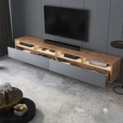 Selsey Meuble TV - REDNAW - 200 Cm - Chêne Wotan / Gris Brillant - Avec LED -Vente-unique shop meuble tv rednaw 200 cm chene wotan gris brillant avec led 10218478 26338608 1140x1140