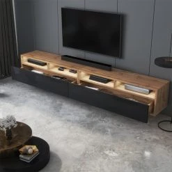 Selsey Meuble TV - REDNAW - 200 Cm - Chêne Wotan / Noir Brillant - Avec LED -Vente-unique shop meuble tv rednaw 200 cm chene wotan noir brillant avec led 10216204 26334380 1140x1140