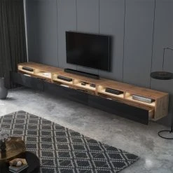 Selsey Meuble TV - REDNAW - 300 Cm - Chêne Wotan / Noir Brillant - Avec LED -Vente-unique shop meuble tv rednaw 300 cm chene wotan noir brillant avec led 10023460 25788536 1140x1140