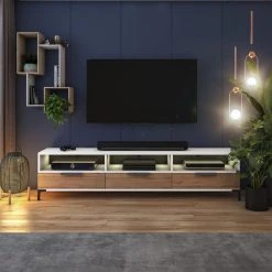 Selsey Meuble Tv - RIKKE - 160 Cm - Blanc Mat / Chêne Wotan - Avec LED à Pi...