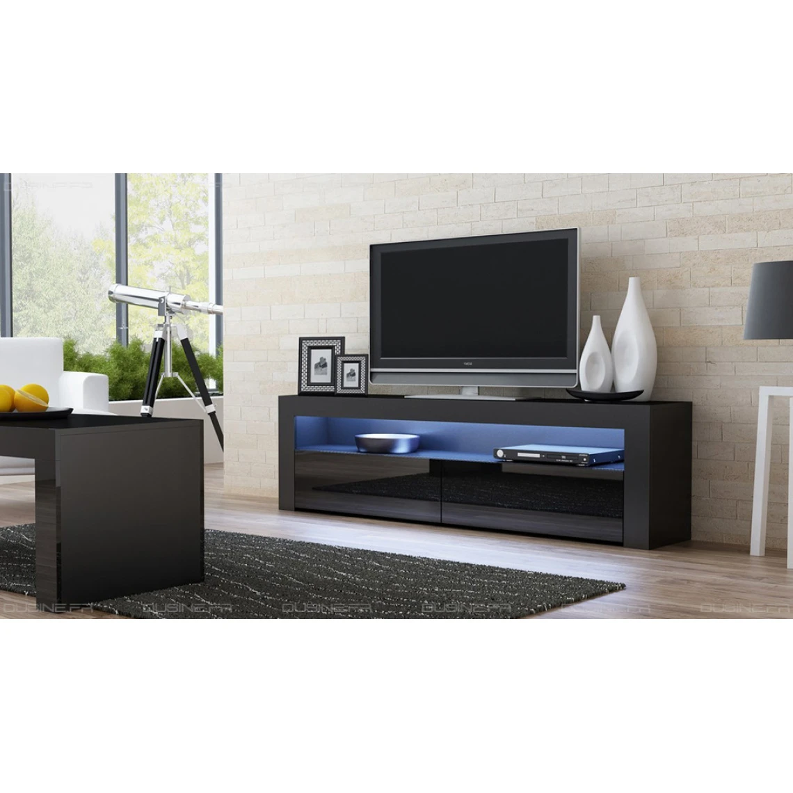 Dusine Meuble TV Savelli LED Noir MAT Et Portes Noir Laqué 157 Cm 4 Dusine Meuble TV Savelli LED Noir MAT Et Portes Noir Laqué 157 Cm – Image 2