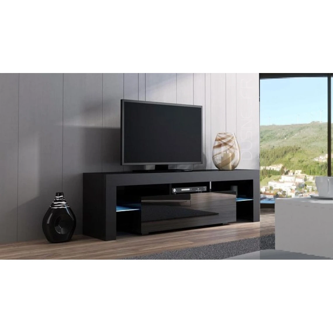 Dusine Meuble TV SPIDER à LED En MAT Noir Avec Porte Noir Laqué 160 Cm 3 Dusine Meuble TV SPIDER à LED En MAT Noir Avec Porte Noir Laqué 160 Cm