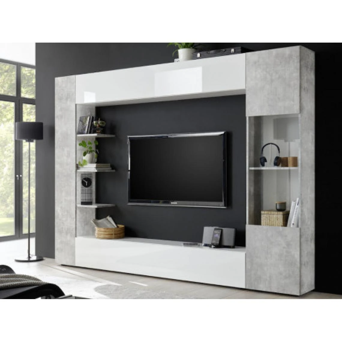 Vente-unique Mur TV SIRIUS Avec Rangements - Coloris : Blanc Laqué Et Béton 3 Vente-unique Mur TV SIRIUS Avec Rangements - Coloris : Blanc Laqué Et Béton