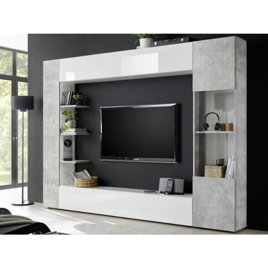 Vente-unique Mur TV SIRIUS Avec Rangements - Coloris : Blanc Laqué Et Béton 4 Vente-unique Mur TV SIRIUS Avec Rangements - Coloris : Blanc Laqué Et Béton – Image 2