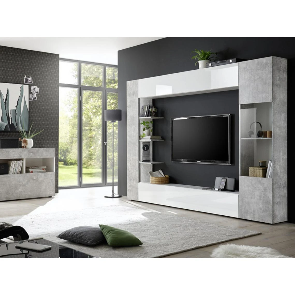 Vente-unique Mur TV SIRIUS Avec Rangements - Coloris : Blanc Laqué Et Béton 5 Vente-unique Mur TV SIRIUS Avec Rangements - Coloris : Blanc Laqué Et Béton – Image 3