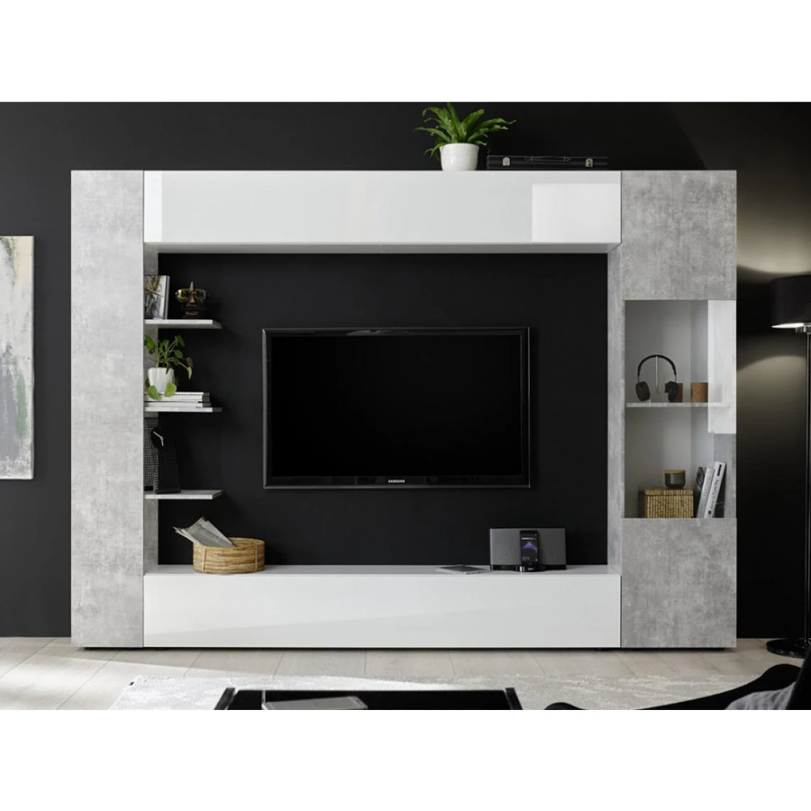 Vente-unique Mur TV SIRIUS Avec Rangements - Coloris : Blanc Laqué Et Béton 6 Vente-unique Mur TV SIRIUS Avec Rangements - Coloris : Blanc Laqué Et Béton – Image 4