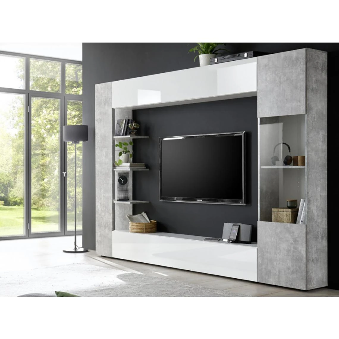 Vente-unique Mur TV SIRIUS Avec Rangements - Coloris : Blanc Laqué Et Béton 7 Vente-unique Mur TV SIRIUS Avec Rangements - Coloris : Blanc Laqué Et Béton – Image 5