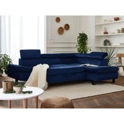 Lisa Design Canapé D'angle Droit Convertible 5 Places NAIROBI - Velours Bleu Nuit -Vente-unique shop nairobi canape d angle convertible en velours 5 places avec tetieres droit 2