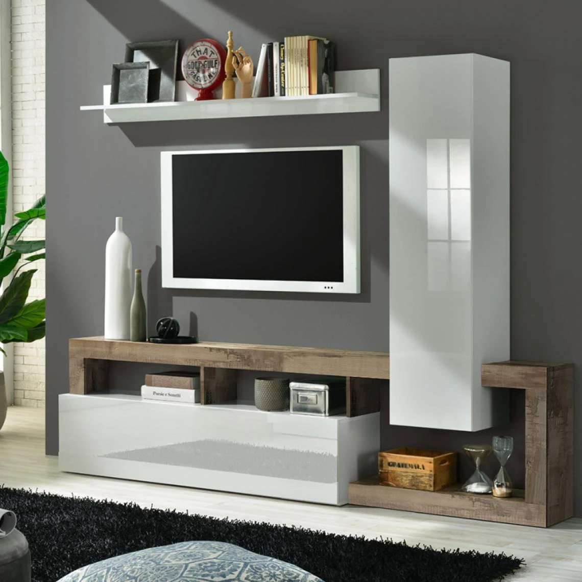 LLB LIVING LIFE BED Meuble TV Mural De Salon Moderne Et Fonctionnel En Bois Blanc Brillant... 3 LLB LIVING LIFE BED Meuble TV Mural De Salon Moderne Et Fonctionnel En Bois Blanc Brillant...