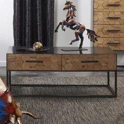 MES Table Basse 2 Tiroirs 100x50x40 Cm En Sapin Et Métal Gris