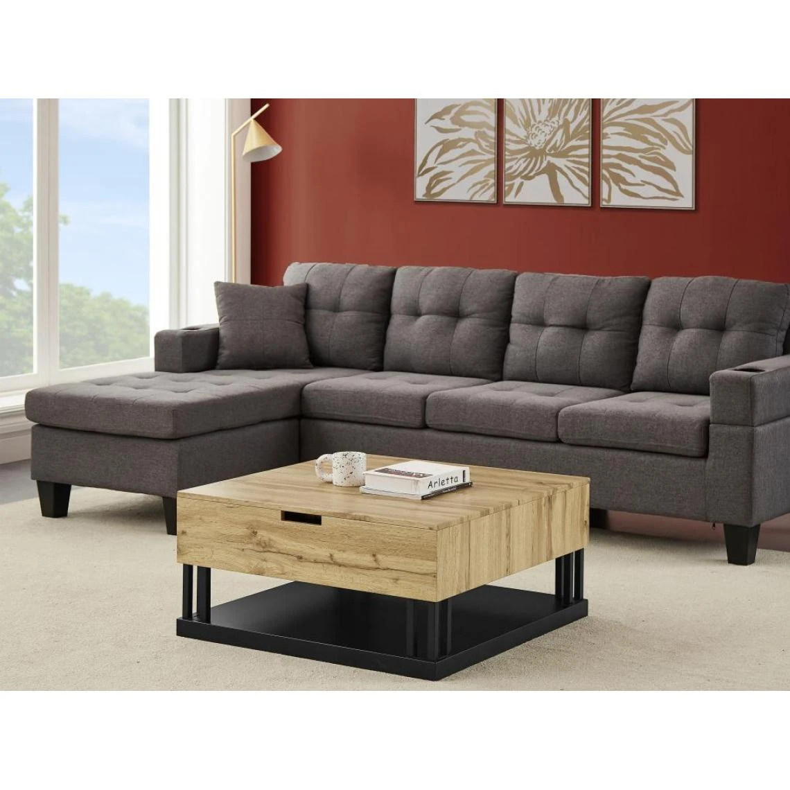 Vente-unique Table Basse Avec 2 Plateaux Relevables - MDF Et Acier - Naturel Et Noi... 4 Vente-unique Table Basse Avec 2 Plateaux Relevables - MDF Et Acier - Naturel Et Noi... – Image 2