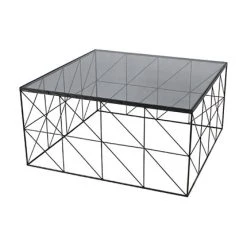 MES Table Basse Carrée 76 Cm En Verre Et Métal Avec Piètement Quadrilla...