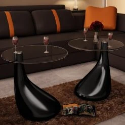 Chunhelife Table Basse Et Dessus De Table Verre Rond Noir Brillant 2 Pcs