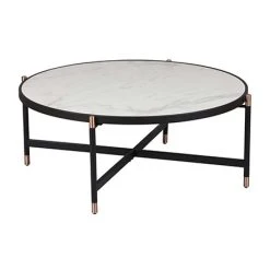 MES Table Basse Ronde 90x38 Cm Avec Plateau Aspect Marbre Blanc