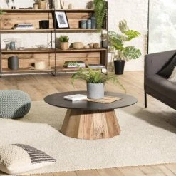 MACABANE Table Basse Ronde Pin Recyclé Et Contreplaqué DANIDO