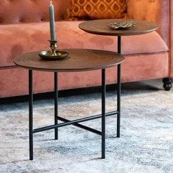MES Table D'appoint Double Plateau 48,5x75x65 Cm Décor Noyer Et Métal