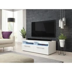 VIVALDI Meuble TV - BONN - 100 Cm - Blanc Mat / Blanc Brillant +LED - ...